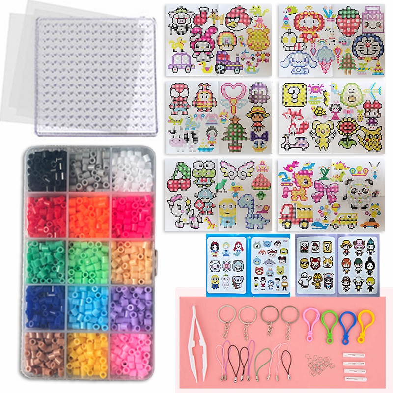 Fuse Beads Kit - 15 Colors Fuse Beads Craft Set for Kids- 5MM Fuse Beads  Set Including 1 Pegboards, Ironing Paper & Chain Accessories Iron Beads