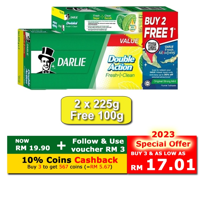 Darlie Original Double Action Toothpaste Ubat Gigi 2 X 225g (Free 75g ...