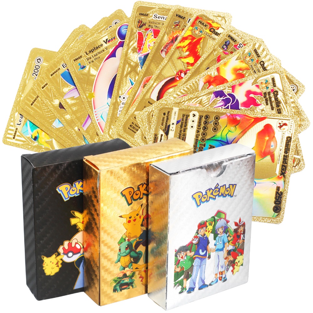 55PCS Metal Gold Silver Pokemon Cards English Version Charizard Pikachu ...