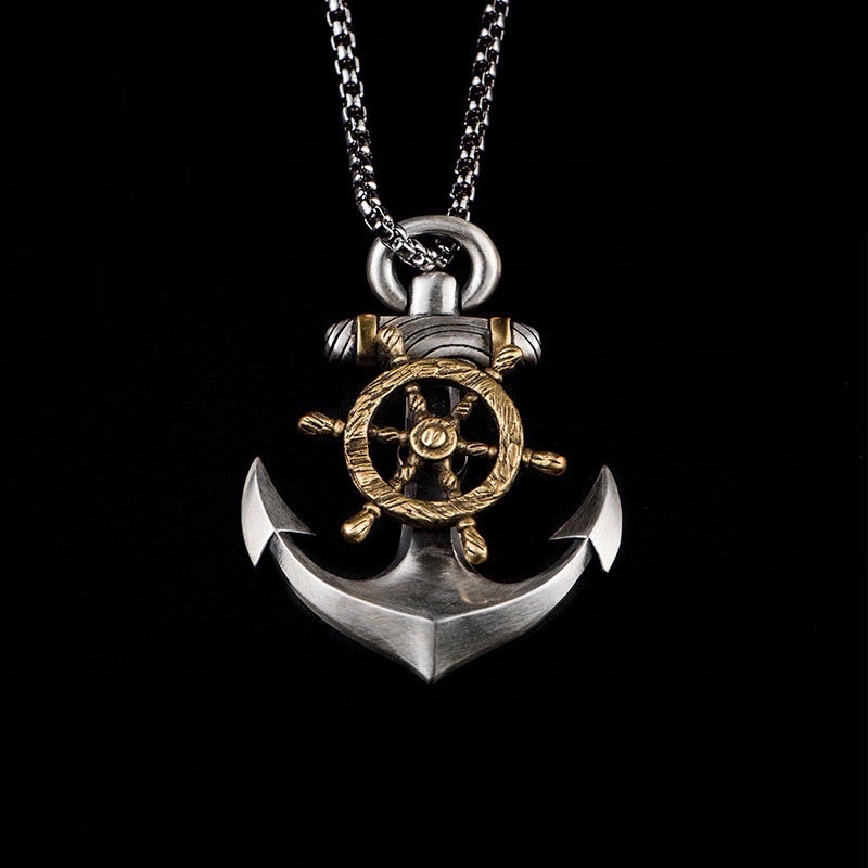 925 Sterling Silver Anchor Necklace Men's Trendy Unique Compass Pendant ...