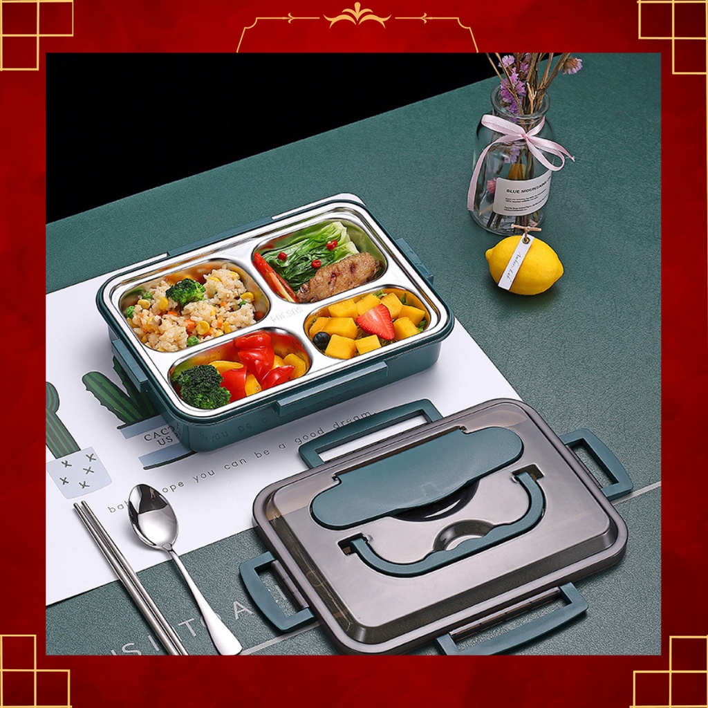 304 Stainless Steel Rectangle Lunch Box 1 Layer 4 Grid with Spoon Bento ...