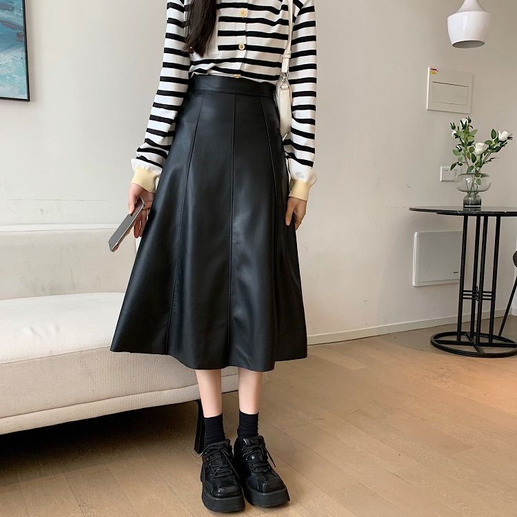 Mid Length Pu Leather Skirt Womens Autumn Winter High Waist A Line Umbrella Skirt Shopee Malaysia 4270