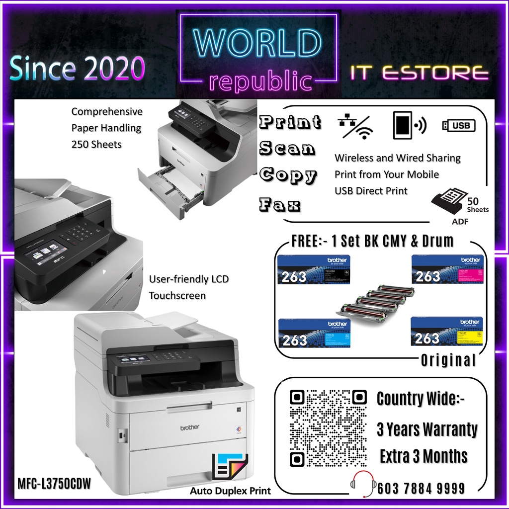 Brother MFC-L3750CDW Wireless Color LED Laser Printer, MFC-L3760CDW  Wireless Color LED Laser - Print Scan Copy Fax