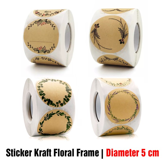 Plain Round Kraft Sticker Floral Frame Label Flower Motif diameter 5cm ...