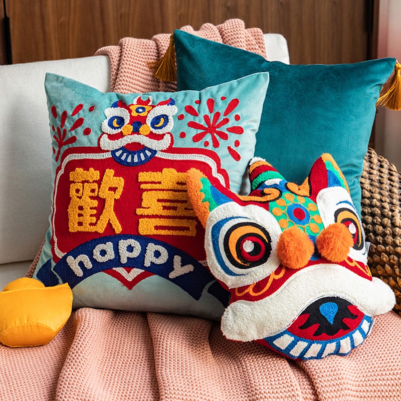 3D Embroidery Pillowcase Sofa Cushion Cover Festive Chinese Good Luck
