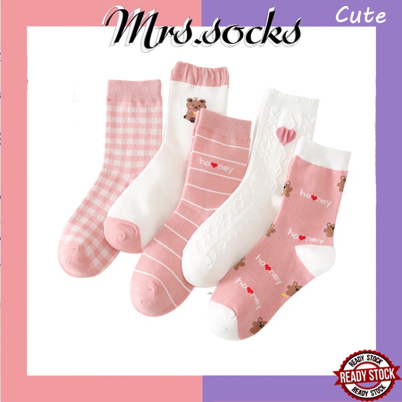 Mrs.socks Honey Bear Ins Pink Cute Socks Crew Socks Women Stokin Pendek ...