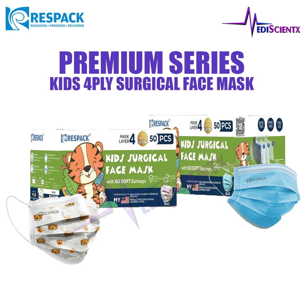 (KID) RESPACK 4PLY PREMIUM SURGICAL MASK 50PCS - 1 BOX | Shopee Malaysia