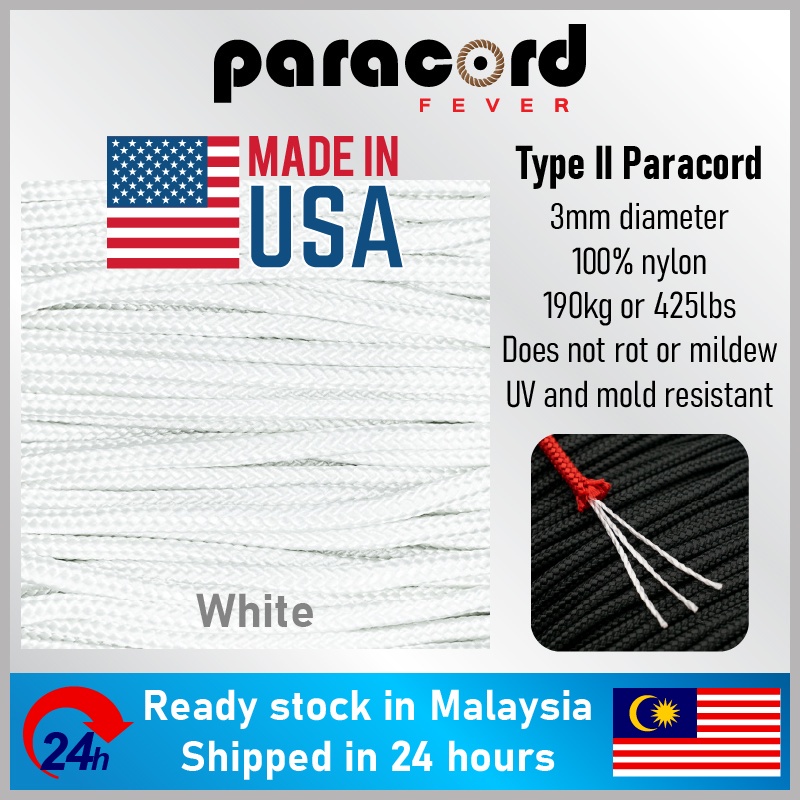 Made in USA - 3mm Type II 425 Tali Paracord Rope Parachute Cord - White ...