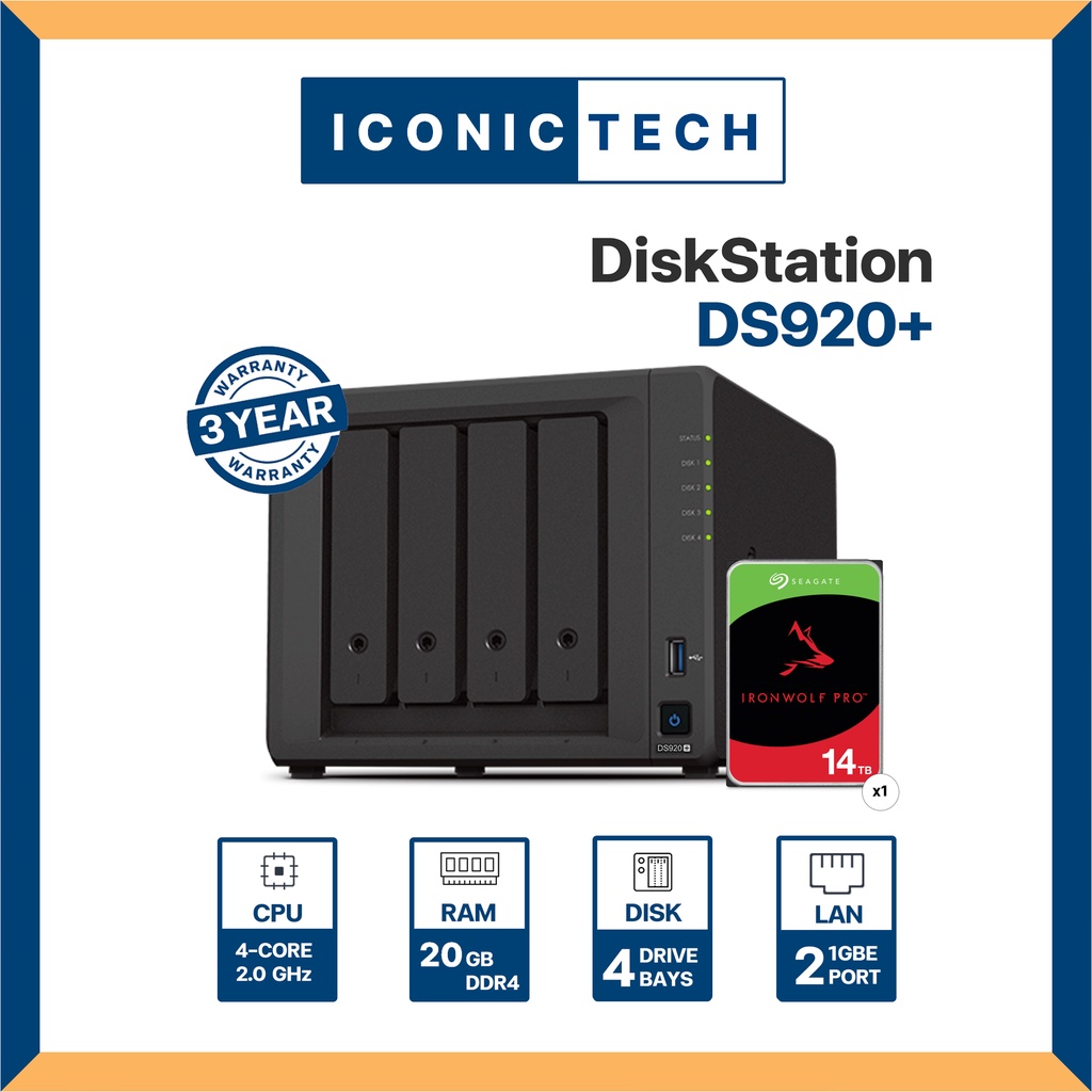 Synology DS920+ NAS INTEL クアッドコアCPU メモリ増設あり 計20GB 4ベイ