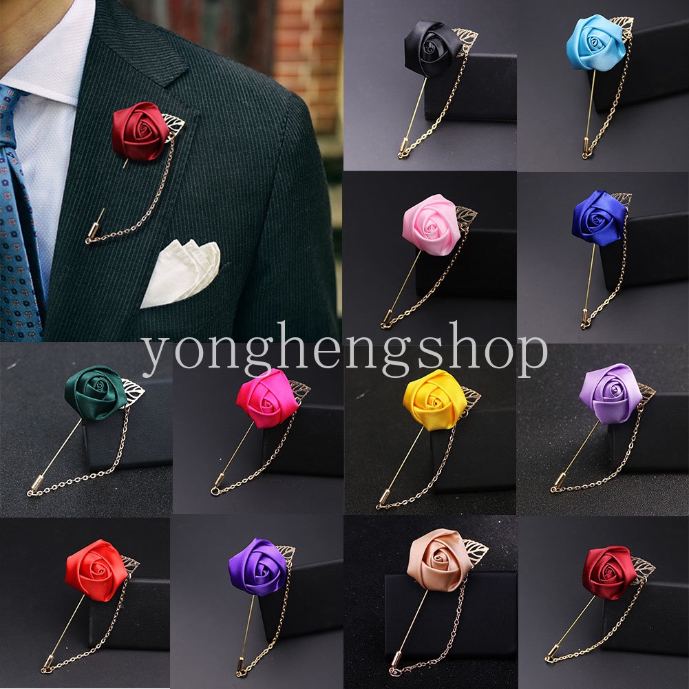 Fashion Golden Leaf Rose Flower Brooch Men Suit Lapel Chain Pin Bride ...