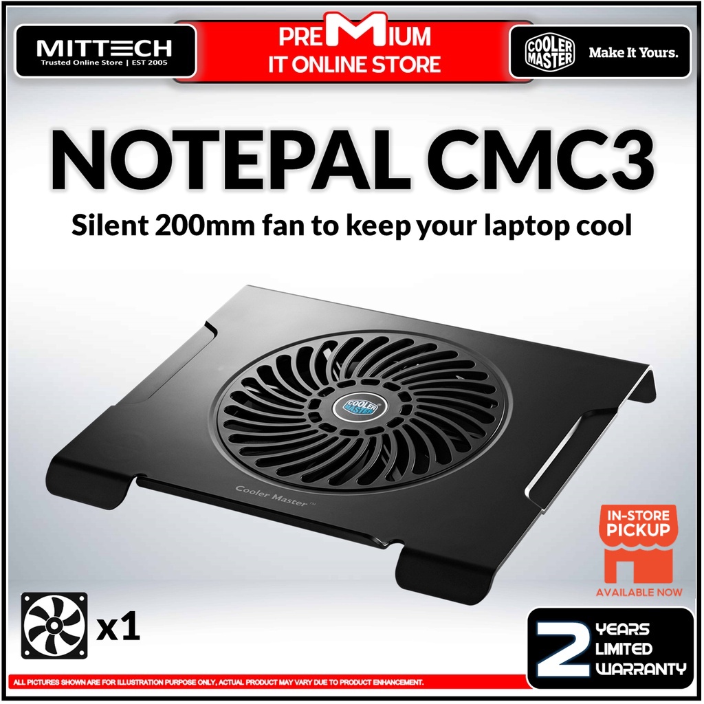Cooler Master Cooling Pads Notepal CMC3 Silent 200mm fan to keep your laptop cool Supports