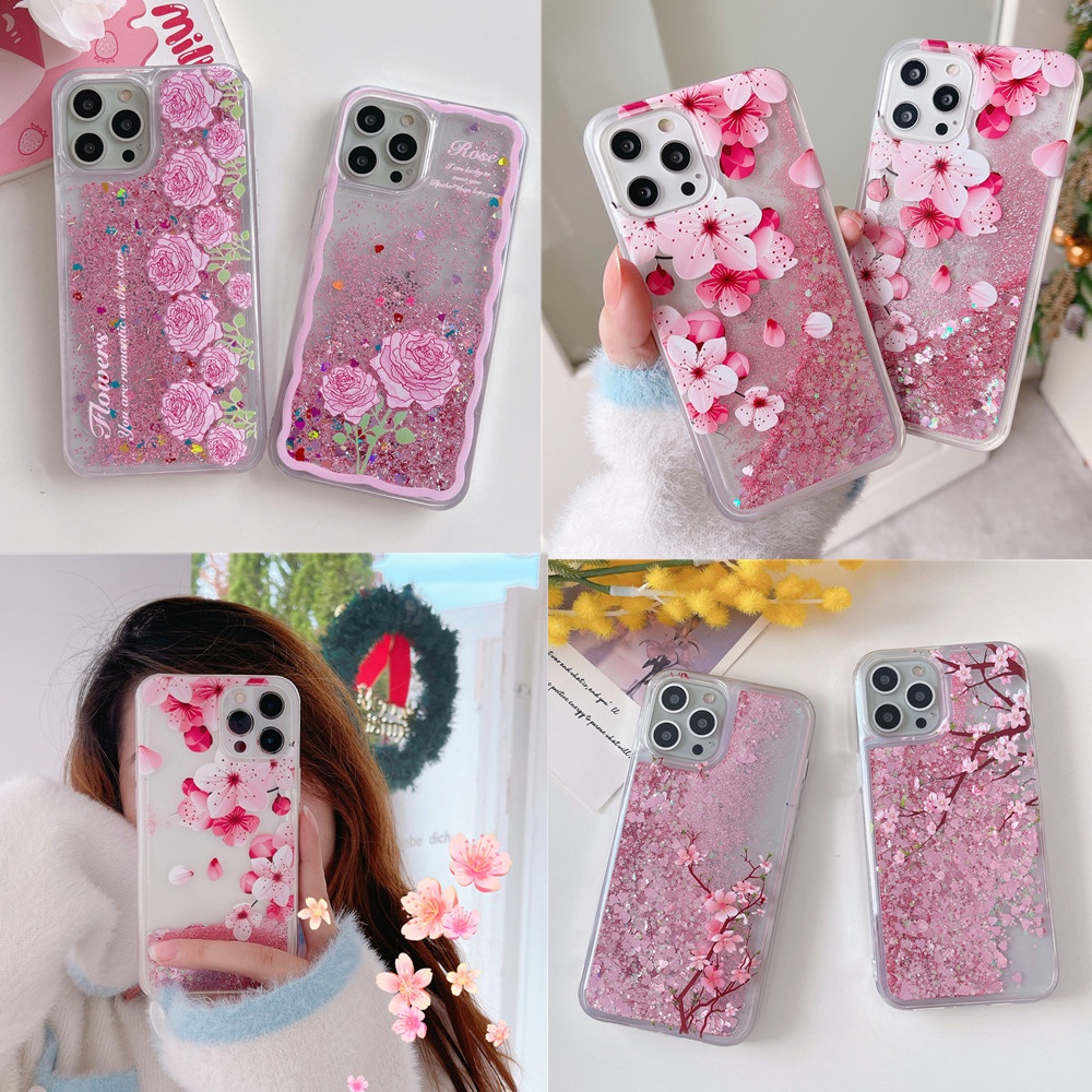 Peach blossom Rose Flower Liquid Glitter Quicksand Phone Case For OPPO ...