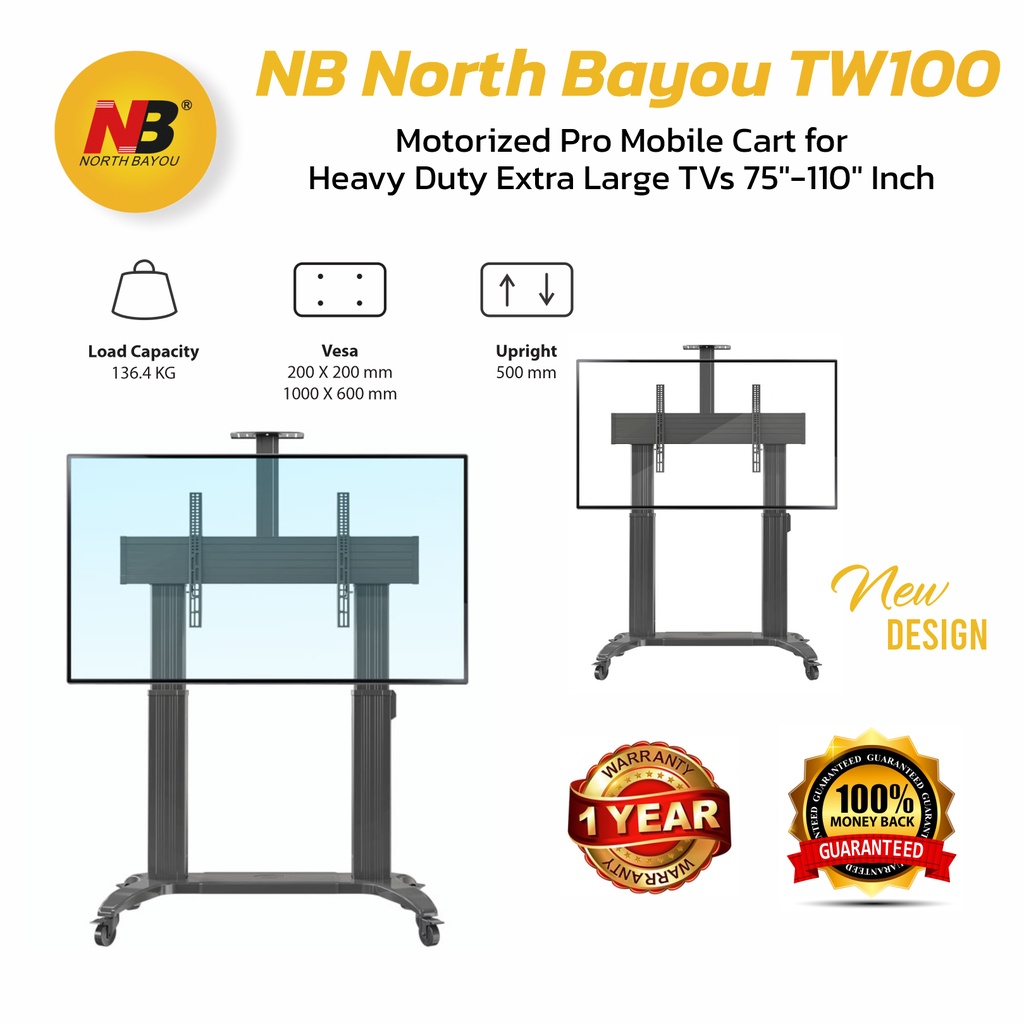 NB TW100 Motorized Pro Mobile Cart For Heavy Duty Extra Large TVs (75 ...