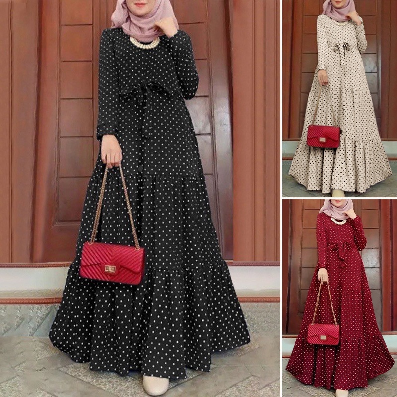 🌸READY STOCK🌸Women Polka Dot Maxi Dress Dinner Long Sleeve Retro
