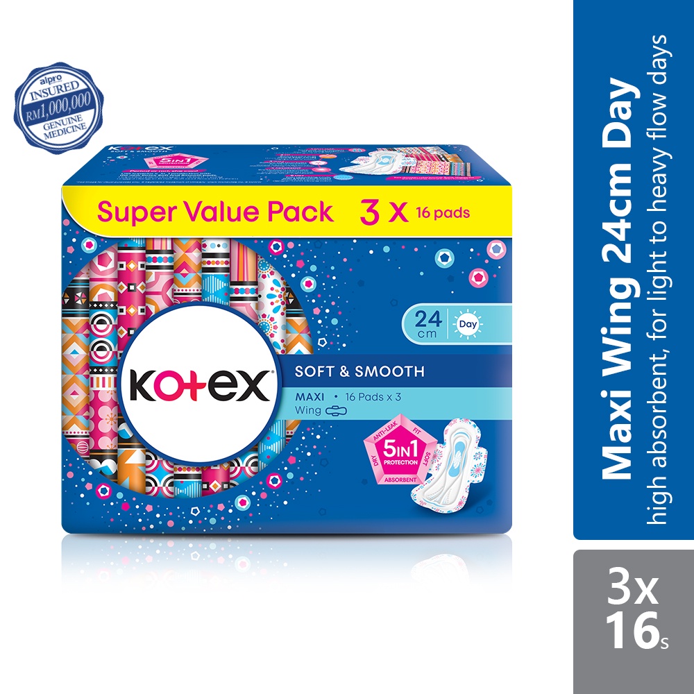 kotex-soft-smooth-maxi-wing-24cm-value-pack-3x16s-shopee-malaysia