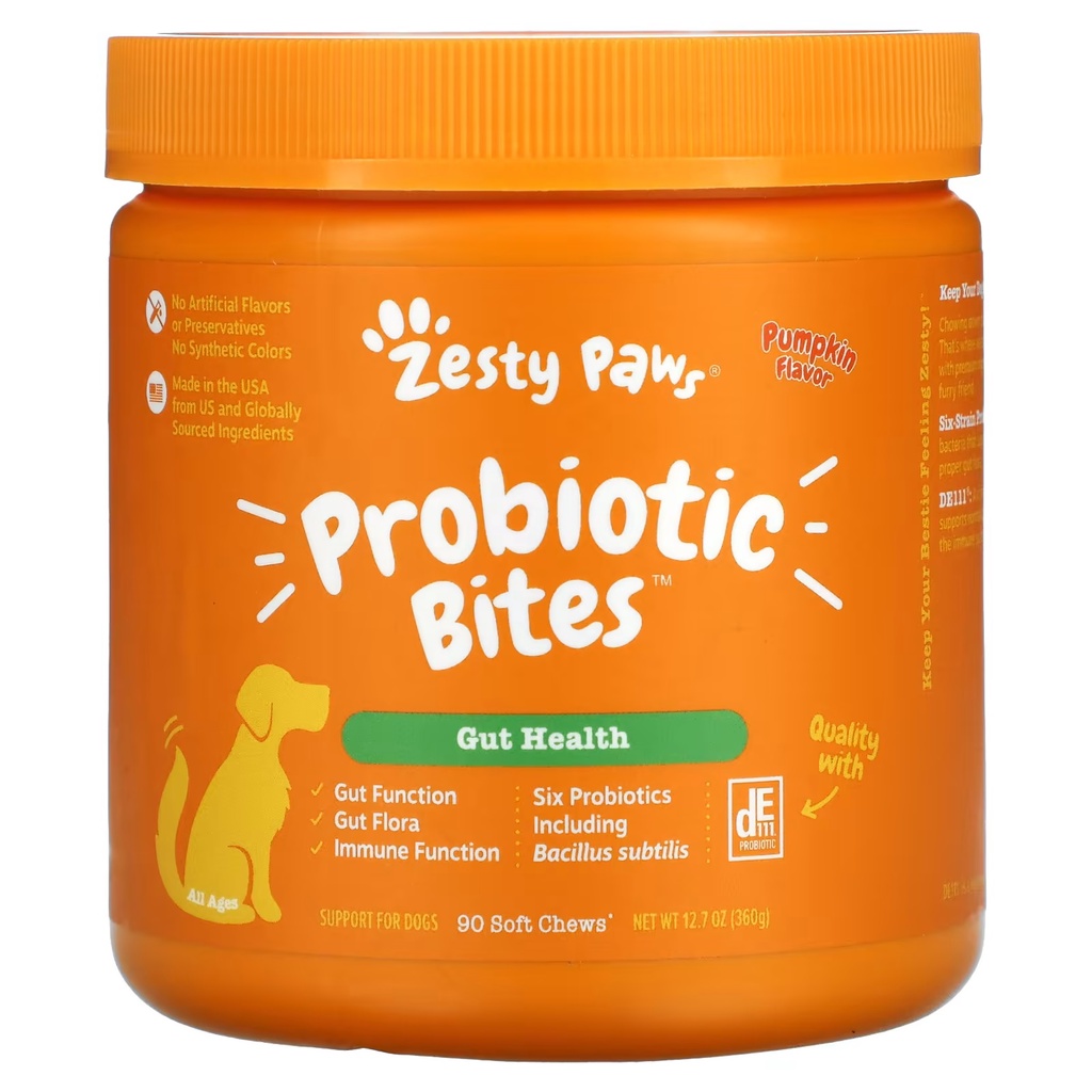 ZESTY PAWS PROBIOTIC BITES FOR DOG GUT HEALTH ALL AGE PUMPKIN 90 CHEWS