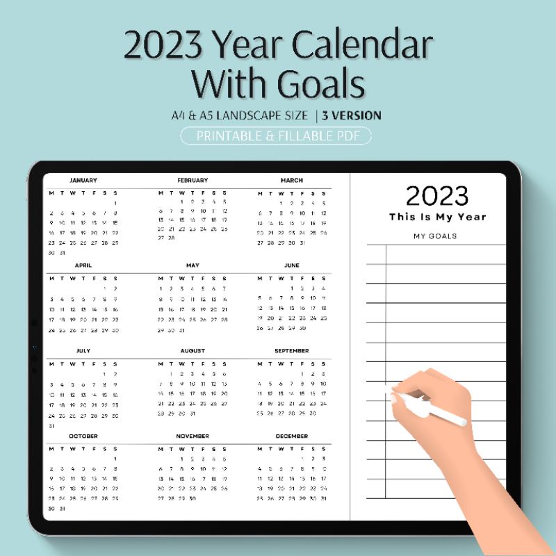 2023 Year Calendar With Goals Wall Calendar Template Fillable PDF