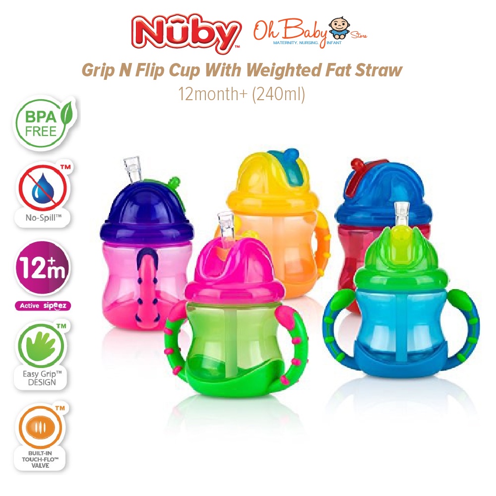 Nuby Tritan 2-Handle No-Spill Flip-it Fat Straw Printed Cup - 8oz