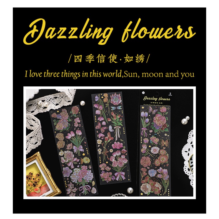 3 Sheets Bronzing Retro Flower Sticker PET Waterproof Sticker Journal ...