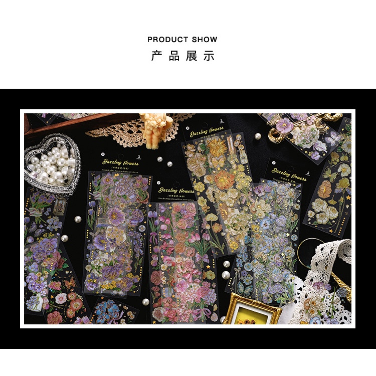 3 Sheets Bronzing Retro Flower Sticker PET Waterproof Sticker Journal ...