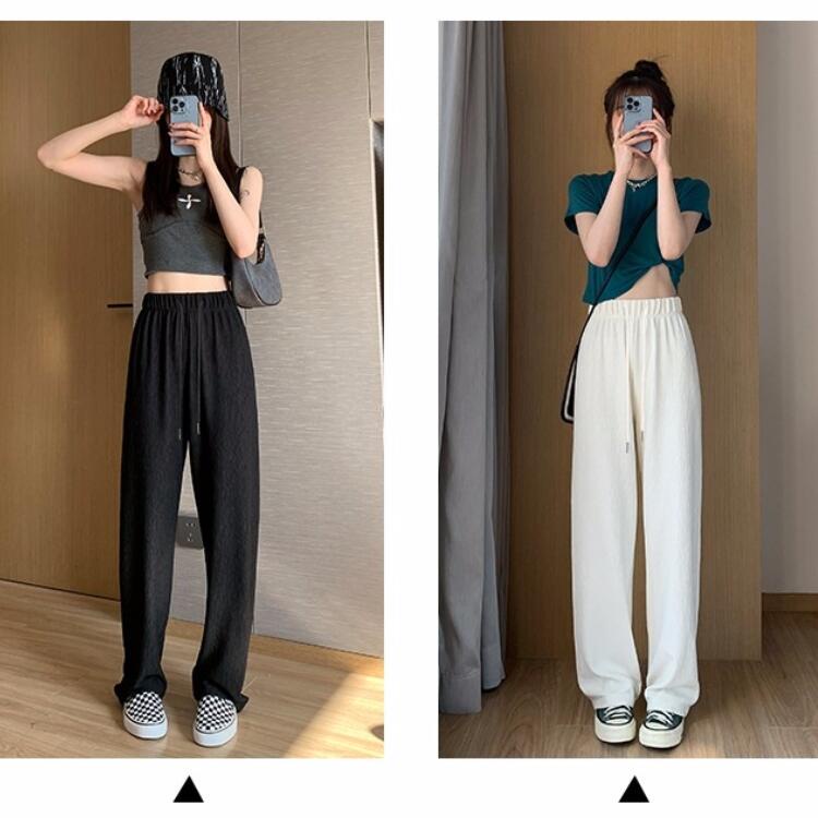 Ready Stock】Loose Casual Pants Korean Style Highwaist Straight Ice Silk  Pleated Wide-leg Pants Women summer Plain Long Pants