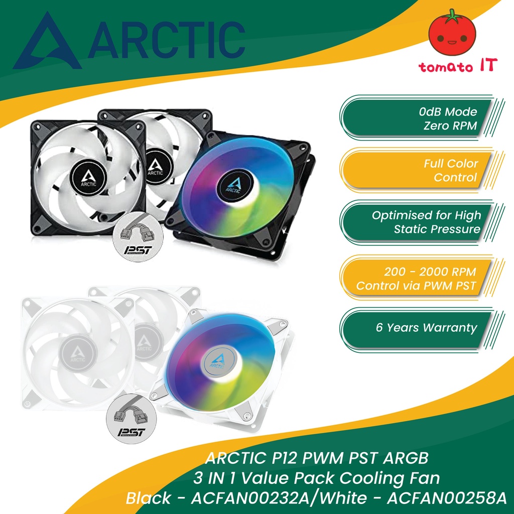 ARCTIC P12 PWM PST ARGB 3 IN 1 Value Pack Cooling Fan Black/White