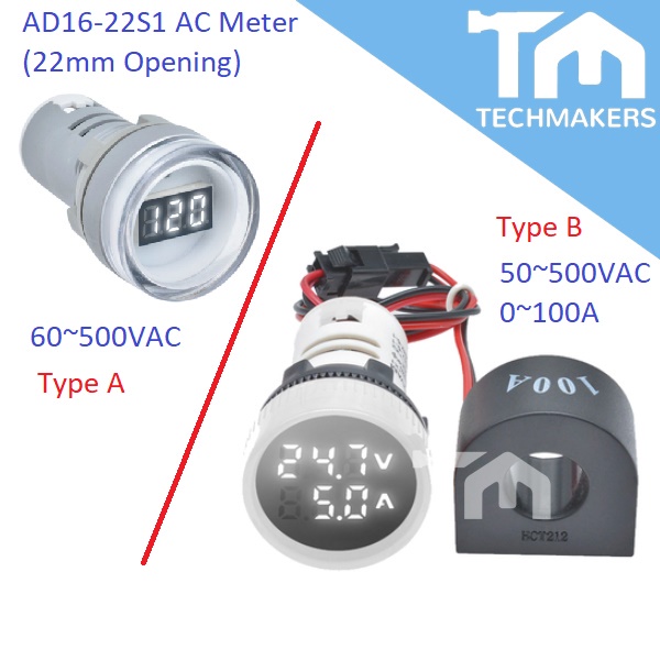 1pc of Round LED Digital AC Meter Voltmeter Ammeter Voltage Current Meter 50-500 VAC 0-100A (22mm Opening) TechMakers