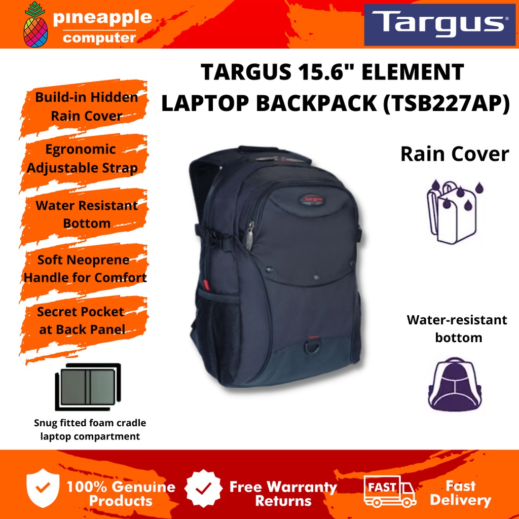 Targus 15.6" Element Laptop Backpack Notebook Bag Compact & Lightweight & BuiltIn Rain Cover