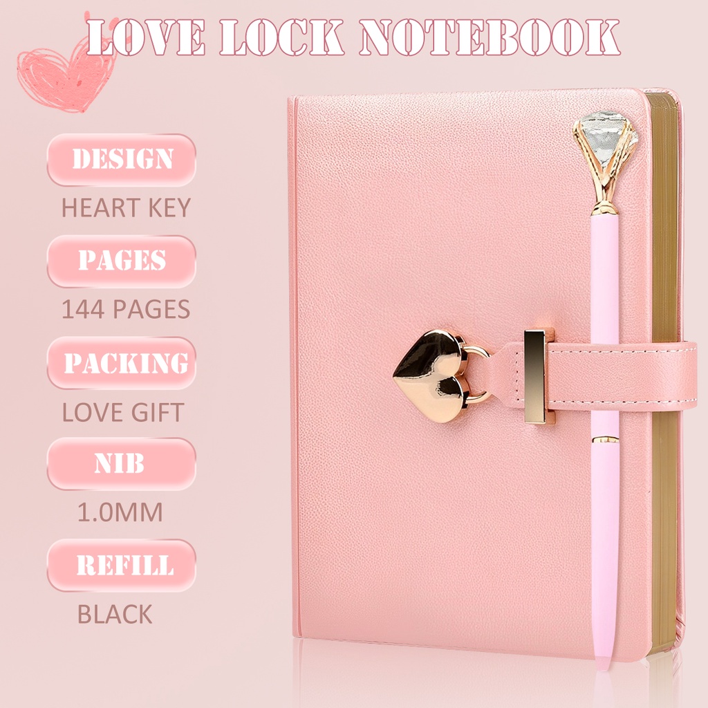 Heart Lock Diary with Lock Key Diamond Pen 144 Sheet Elegant Secret Notebook PU Cover Personal