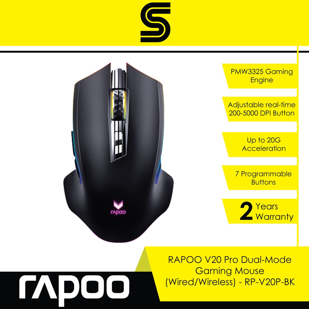 RAPOO V20 Pro Dual Mode Gaming Mouse Wired Wireless RP V20P BK