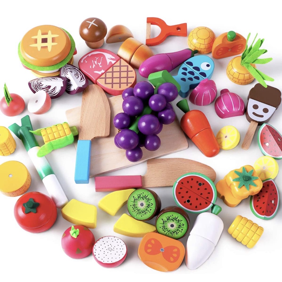 Wooden Food Set for Kids Play Kitchen Cuttable Toy Fruit and Veg with