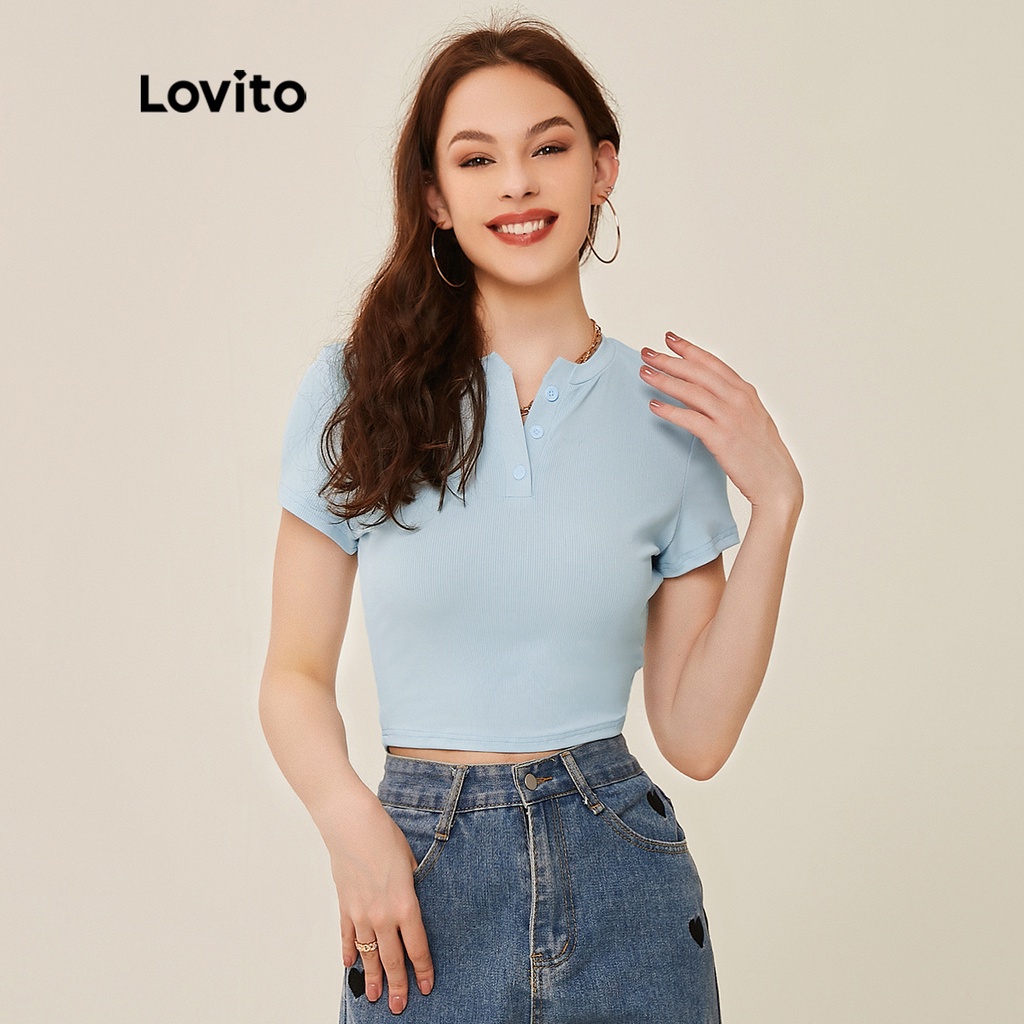 Lovito Casual Plain Button Rib Knit Women T-Shirts L20D388 (Blue ...