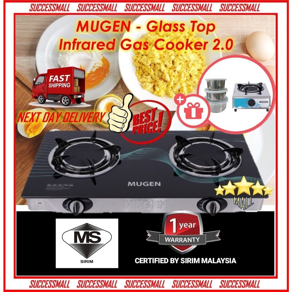 Dapur Gas Cooker 2 Burner Stove Mugen Infrared Tempered Glass Top Fire