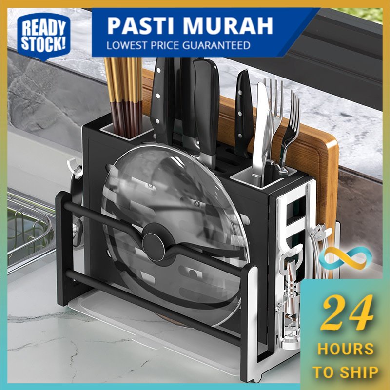 2in1 Kitchen Chopping Board Rack Knife & Utensil Holder with Tray/Dapur ...