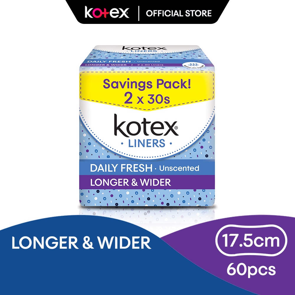 Kotex Panty Liners Longer & Wider Unscented (30's x 2 Packs) Shopee
