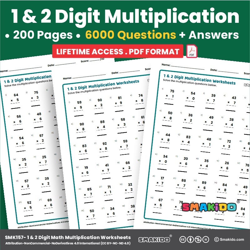 [ Soft Copy/ PDF ] 6000 Questios- 1 & 2 Digit Multiplication Math ...