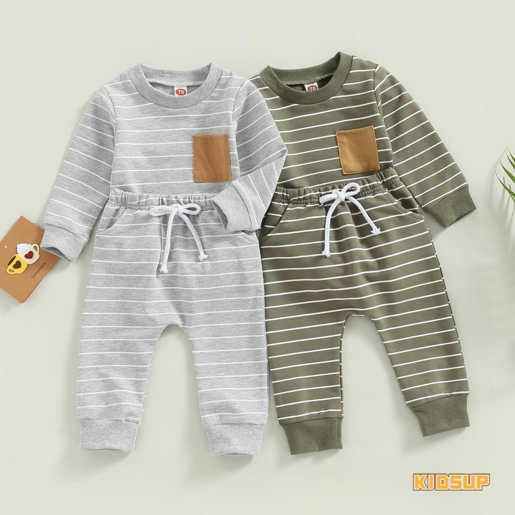 KIDSUPBaby Boys Pants Set, Striped Long Sleeve Crew Neck Sweatshirt