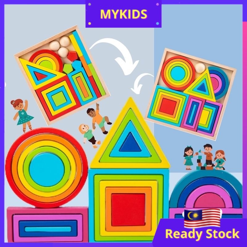 MYKIDS Colourful Wooden Rainbow Puzzle Blocks Kids Early Learning Toy ...