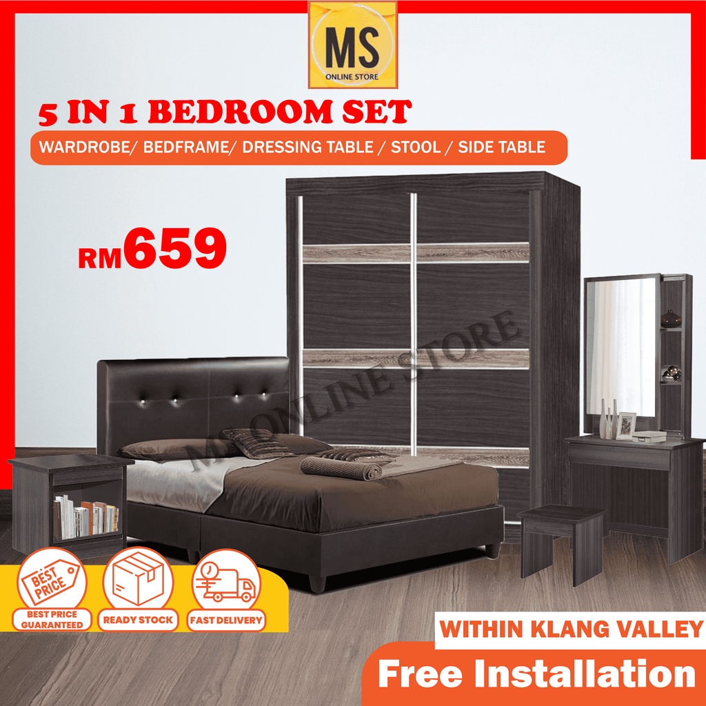 Bedroom Set 1122 - Wardrobe/Dressing Table/side Table/Stool/Queen Divan ...