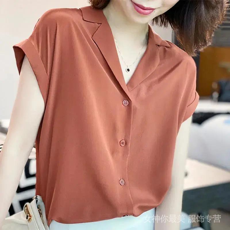Shirt 高档冰丝 雪纺衫 2022衬衣 大码 女装 宽松短袖 遮肚衬衫 上衣 High-grade ice silk chiffon ...