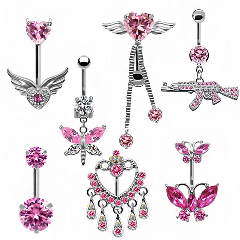 Pink Collection Butterfly Gun Style Belly Button Ring Hypoallergenic