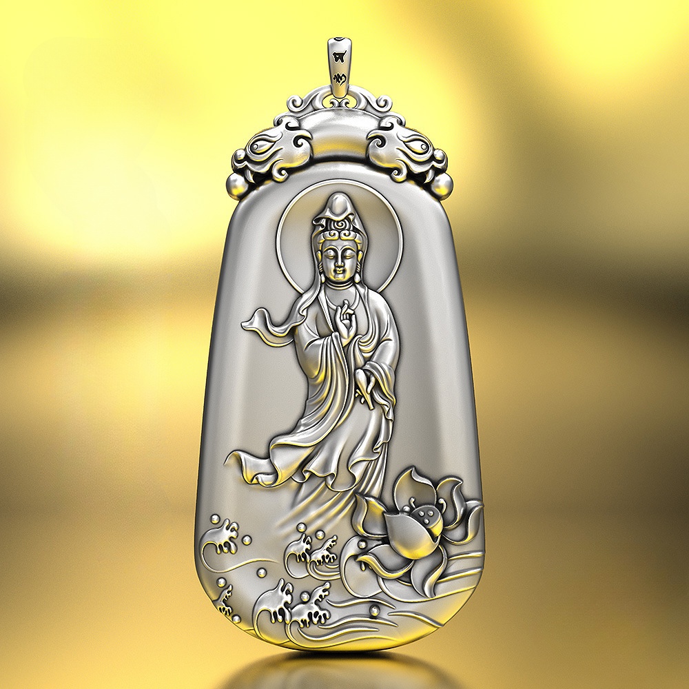 Silver Necklace Pendant Guanyin Bodhisattva Men's Solid Buddha Statue