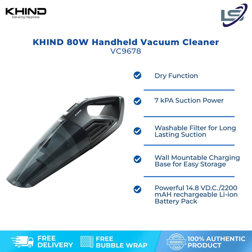 KHIND 80W Handheld Vacuum Cleaner VC9678 Cordless Handheld 7 kPA