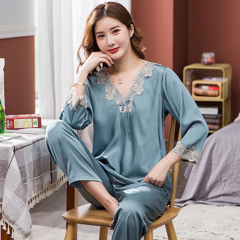 Pajama women long-sleeved middle-aged mother nightwear Ice Silk pyjamas ...