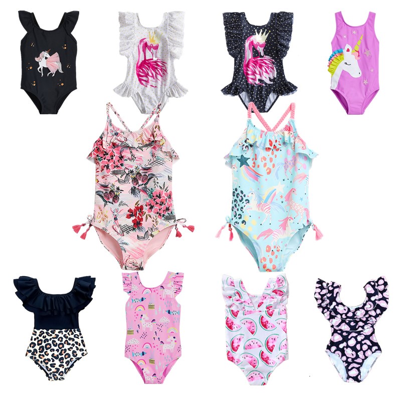 15yearold Baby Girl Swimsuit Unicorn Rose Pattern Girl Onepiece Swimsuit Water Park Swimming