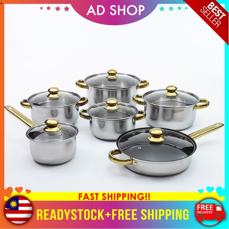 [AD SHOP] 12pcs Stainless Steel Cookware (Gold) Set Periuk Stainless ...