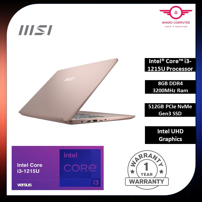 MSI Modern 14 C12M-258 14" FHD Laptop Beige Rose ( I3-1215U, 8GB, 512GB ...