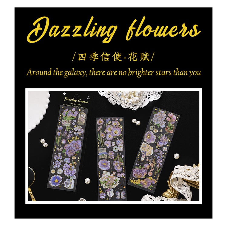 3 Sheets Bronzing Retro Flower Sticker PET Waterproof Sticker Journal ...