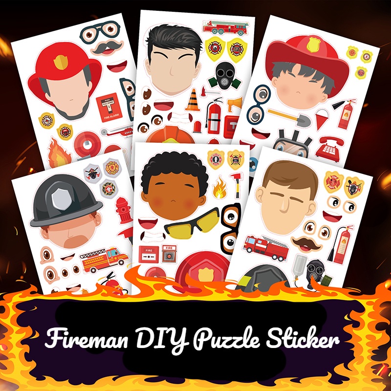 6Pcs/set Cartoon Fireman Engineering Vehicle Jigsaw Sticker Series ...