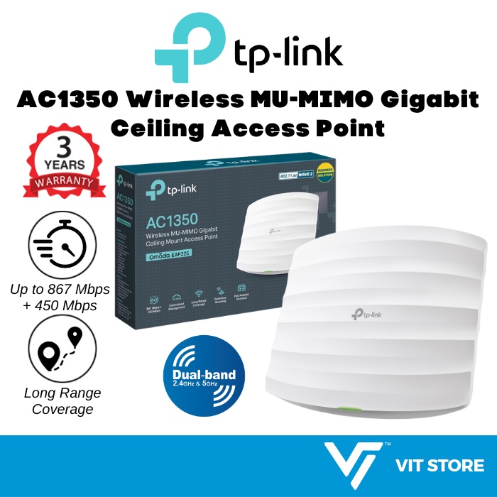 TpLink EAP225 AC1350 DualBand WiFi Wireless MUMIMO Gigabit Ceiling